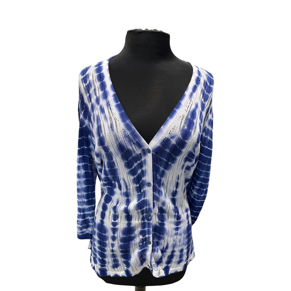 Chicos Blue White Tie Dye Cotton Pointelle Knit Cardigan Sweater Size 3 XL
